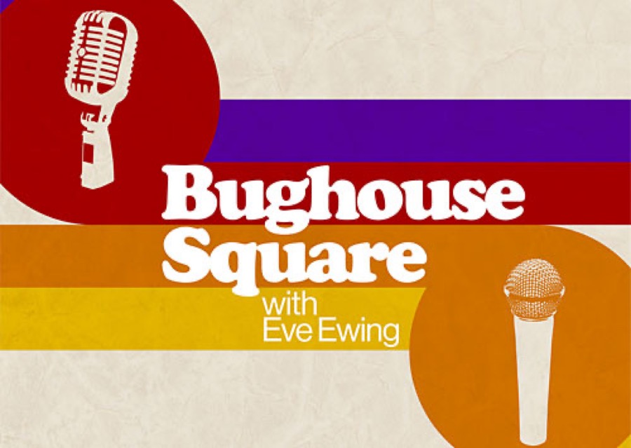 Bughouse Square podcast cover art with vintage and modern microphones