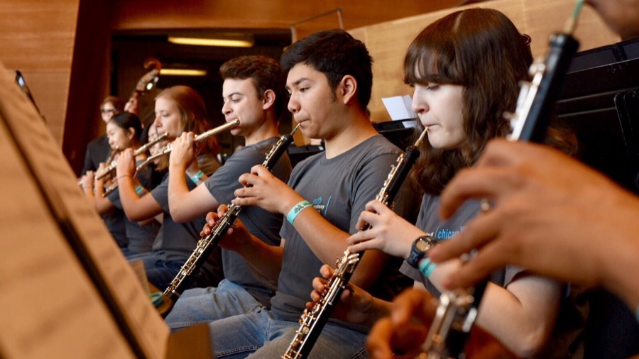 Young musicians performing in a youth ensemble on WFMT’s Introductions