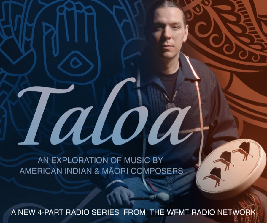 Taloa series artwork: host Jerod Impichchaachaaha’ Tate holding a hand drum