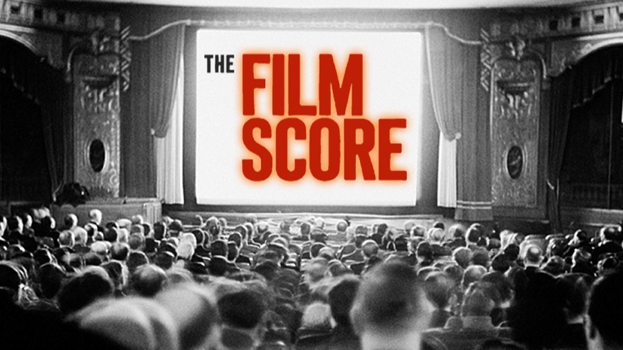 The Film Score banner: a vintage movie audience facing a glowing screen